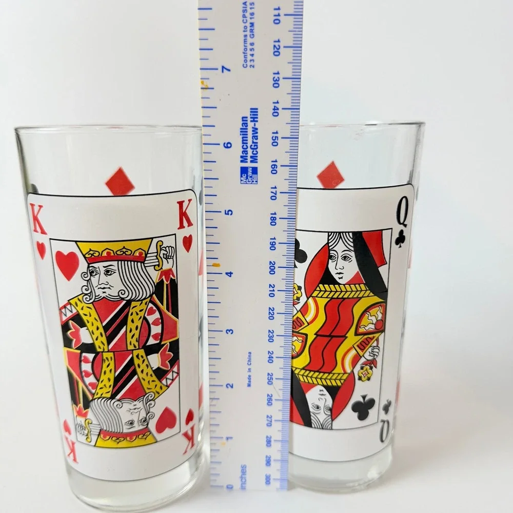 Playing‎ Card Highball Glasses Italy set of 2 King Hearts Queen Clubs 2pc 4382